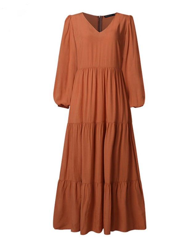 Maxi Dresses- Solid Autumn Tiered Ruffle Long Sleeve Maxi Dress- - Pekosa Women Clothing