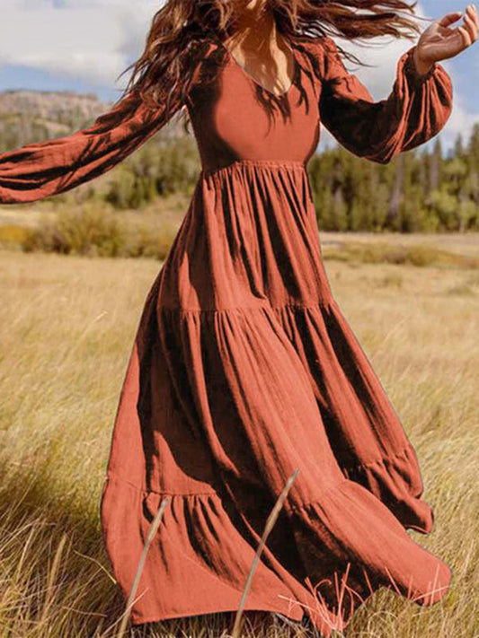 Maxi Dresses- Solid Autumn Tiered Ruffle Long Sleeve Maxi Dress- Brown- Pekosa Women Clothing