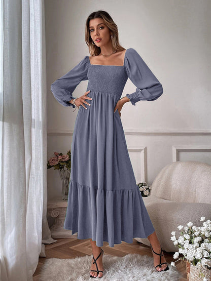 Maxi Dresses- Solid Long Sleeve Tiered Ruffle Maxi Dress with Square Open Back- Charcoal grey- Pekosa Women Clothing