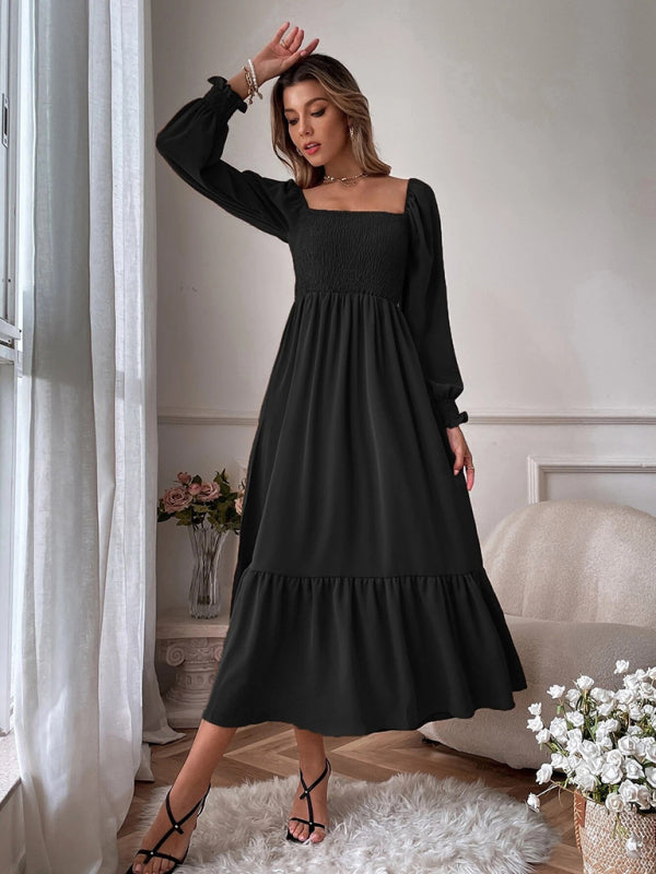 Maxi Dresses- Solid Long Sleeve Tiered Ruffle Maxi Dress with Square Open Back- Black- Pekosa Women Clothing