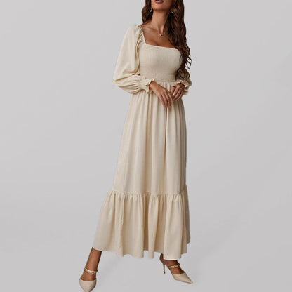 Maxi Dresses- Solid Long Sleeve Tiered Ruffle Maxi Dress with Square Open Back- khaki- Pekosa Women Clothing