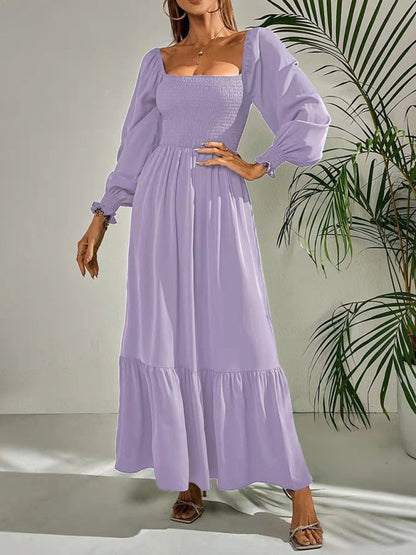 Maxi Dresses- Solid Long Sleeve Tiered Ruffle Maxi Dress with Square Open Back- Purple- Pekosa Women Clothing