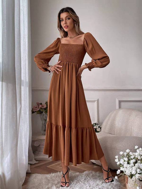 Maxi Dresses- Solid Long Sleeve Tiered Ruffle Maxi Dress with Square Open Back- Coffee- Pekosa Women Clothing