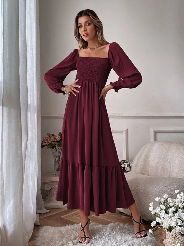 Maxi Dresses- Solid Long Sleeve Tiered Ruffle Maxi Dress with Square Open Back- Wine Red- Pekosa Women Clothing