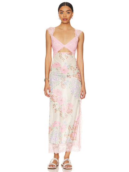 Maxi Dresses- Summer Backless Lace Slits Floral See-Through Cutout Maxi Dress- Pink- Pekosa Women Clothing