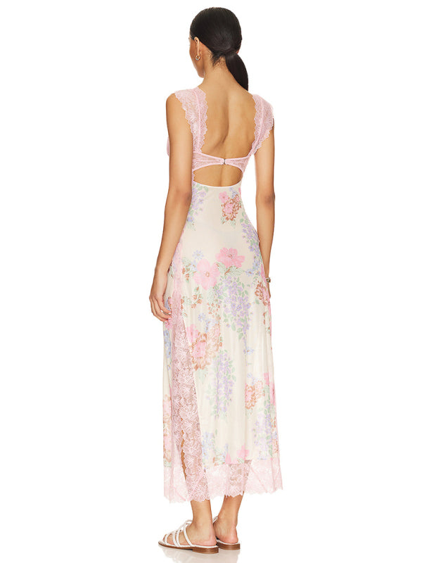 Maxi Dresses- Summer Backless Lace Slits Floral See-Through Cutout Maxi Dress- - Pekosa Women Clothing