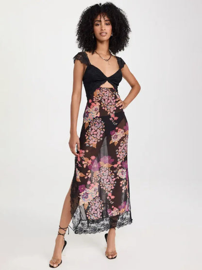 Maxi Dresses- Summer Backless Lace Slits Floral See-Through Cutout Maxi Dress- Black- Pekosa Women Clothing