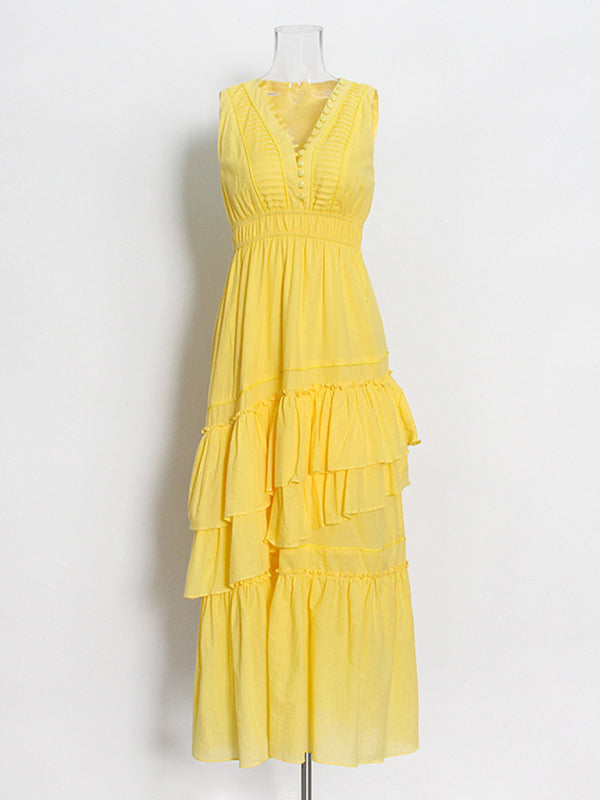 Maxi Dresses- Textured Twinned Pintuck Asymmetrical Ruffle Maxi Dress with- Yellow- Pekosa Women Clothing