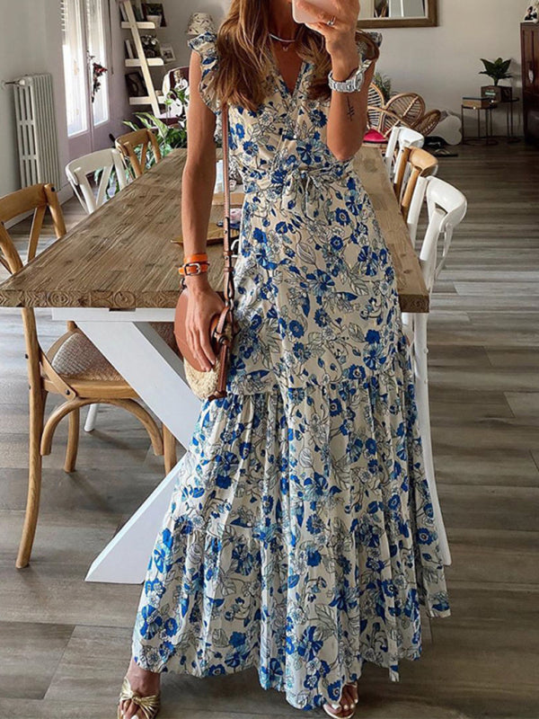 Maxi Dresses- Trendy Floral Tiered Maxi Dress with Waist Tie & Pockets - Shine On!- - Pekosa Women Clothing