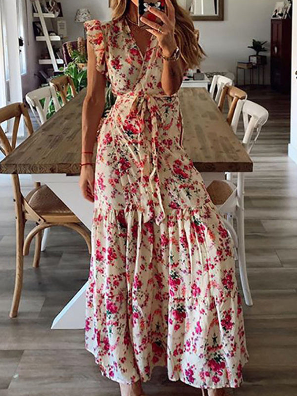 Maxi Dresses- Trendy Floral Tiered Maxi Dress with Waist Tie & Pockets - Shine On!- Red- Pekosa Women Clothing