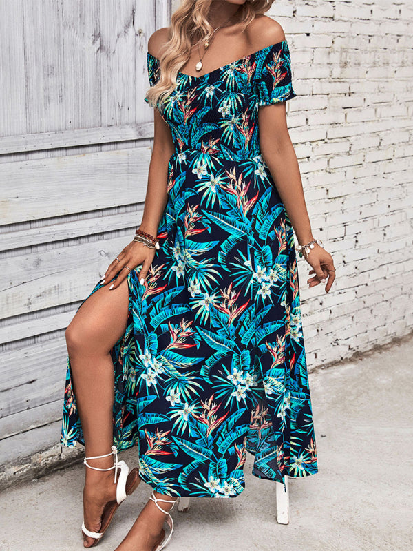 Maxi Dresses- Tropical Maxi Dress: Off Shoulder, A-line, Split Thigh, Ruffle Hem- - Pekosa Women Clothing