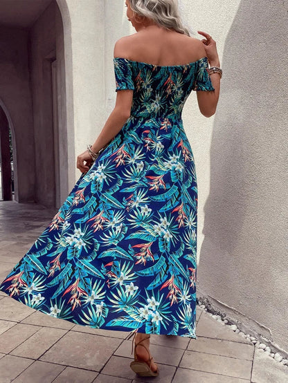 Maxi Dresses- Tropical Maxi Dress: Off Shoulder, A-line, Split Thigh, Ruffle Hem- - Pekosa Women Clothing