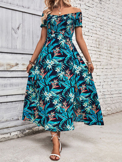 Maxi Dresses- Tropical Maxi Dress: Off Shoulder, A-line, Split Thigh, Ruffle Hem- - Pekosa Women Clothing