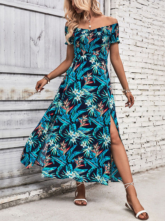 Maxi Dresses- Tropical Maxi Dress: Off Shoulder, A-line, Split Thigh, Ruffle Hem- Blue- Pekosa Women Clothing