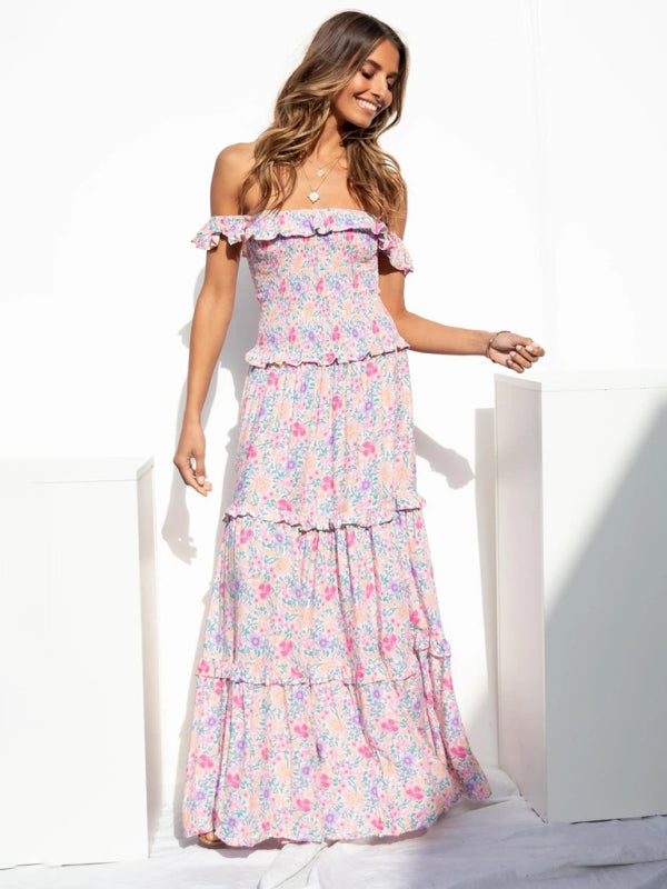 Maxi Dresses- Vacation Floral Print Off Shoulder A-Line Maxi Dress- - Pekosa Women Clothing