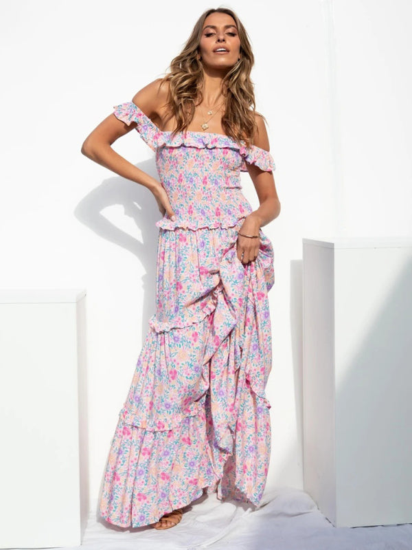 Maxi Dresses- Vacation Floral Print Off Shoulder A-Line Maxi Dress- - Pekosa Women Clothing