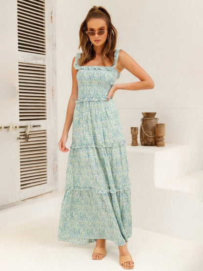 Maxi Dresses- Vacation Floral Print Off Shoulder A-Line Maxi Dress- Pale green- Pekosa Women Clothing