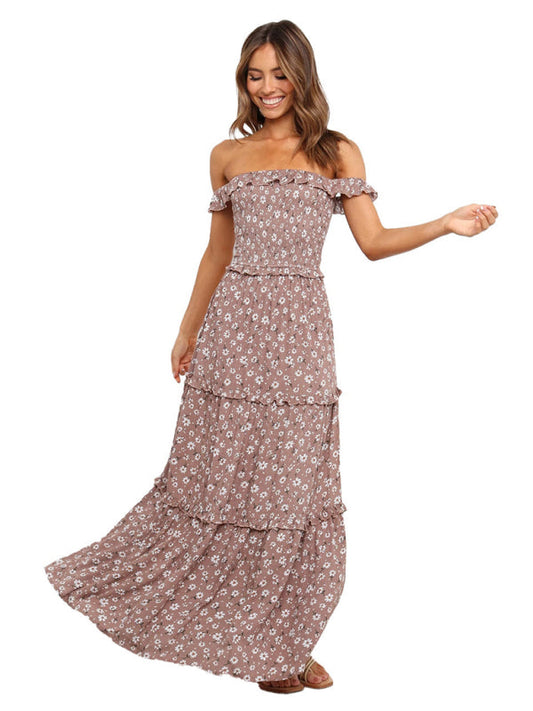 Maxi Dresses- Vacation Floral Print Off Shoulder A-Line Maxi Dress- Brown- Pekosa Women Clothing