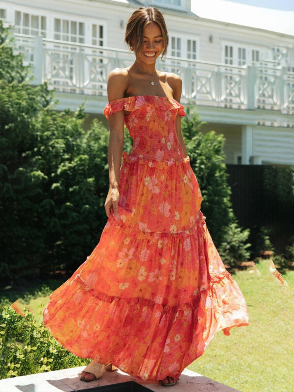 Maxi Dresses- Vacation Floral Print Off Shoulder A-Line Maxi Dress- Orange- Pekosa Women Clothing