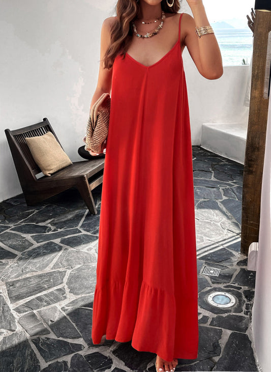 Maxi Dresses- Vacation Summer Flowy Cami Maxi Dress- Red- Pekosa Women Clothing