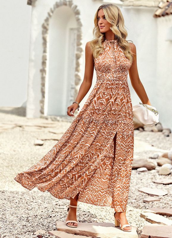 Maxi Dresses- Women's Boho Halter Neck Maxi Dress: Slit Leg & Tiered Ruffles- Brown- Pekosa Women Clothing