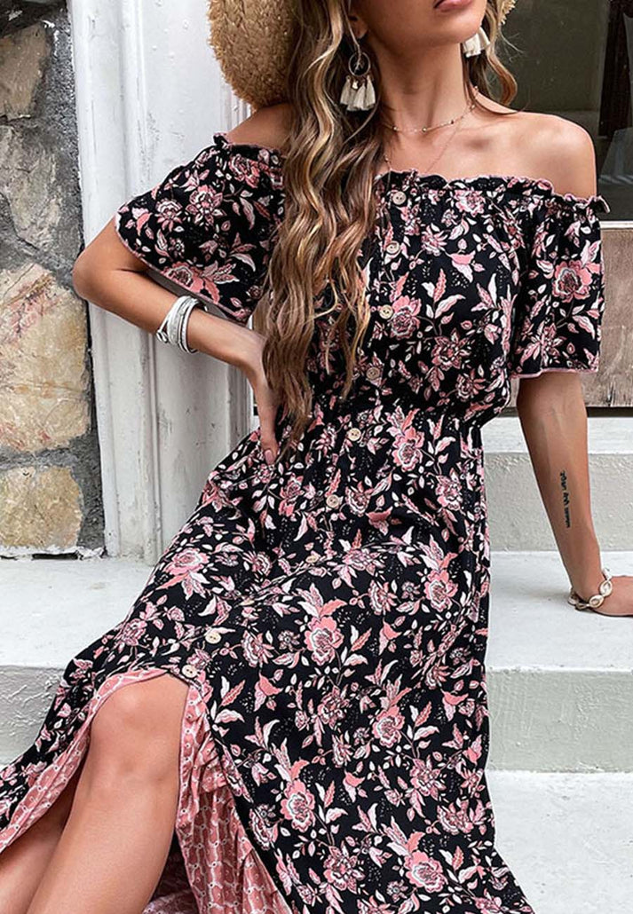 Maxi Dresses- Women's Casual Floral Asymmetrical Off Shoulders Buttoned Midi Dress- - Pekosa Women Clothing