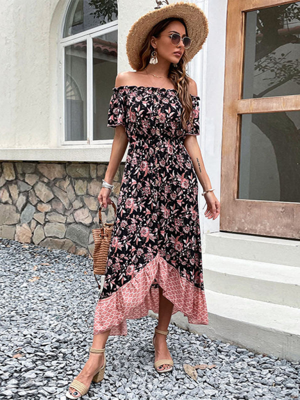 Maxi Dresses- Women's Casual Floral Asymmetrical Off Shoulders Buttoned Midi Dress- - Pekosa Women Clothing