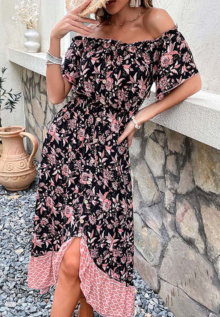 Maxi Dresses- Women's Casual Floral Asymmetrical Off Shoulders Buttoned Midi Dress- - Pekosa Women Clothing