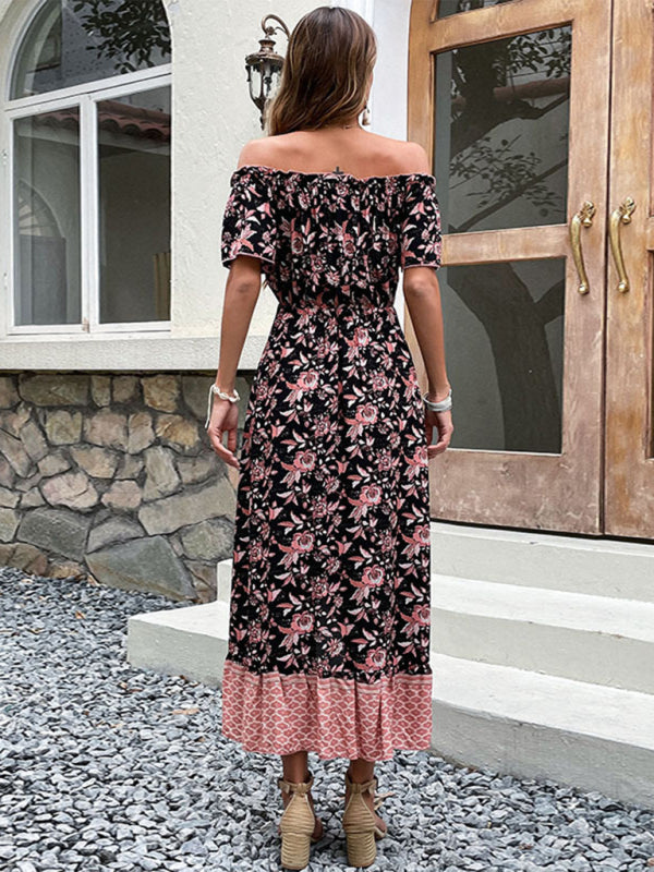 Maxi Dresses- Women's Casual Floral Asymmetrical Off Shoulders Buttoned Midi Dress- - Pekosa Women Clothing