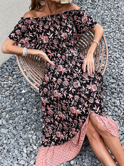 Maxi Dresses- Women's Casual Floral Asymmetrical Off Shoulders Buttoned Midi Dress- Black- Pekosa Women Clothing