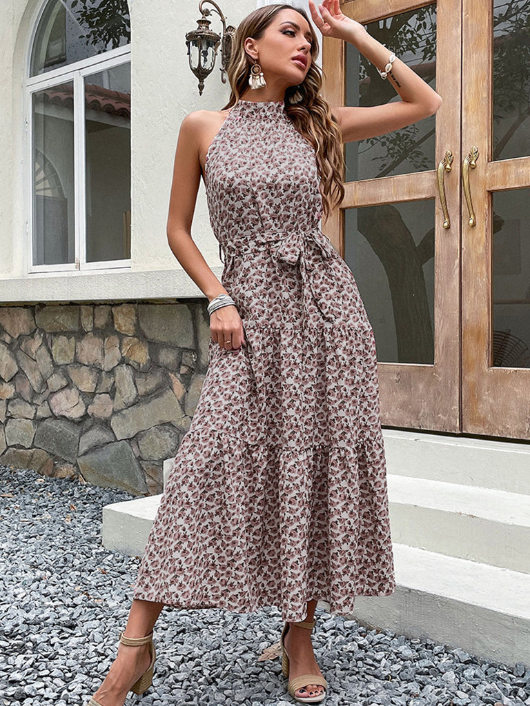 Maxi Dresses- Women's Floral Halter Neck Maxi Dress with Belt - Be Unforgettable!- - Pekosa Women Clothing