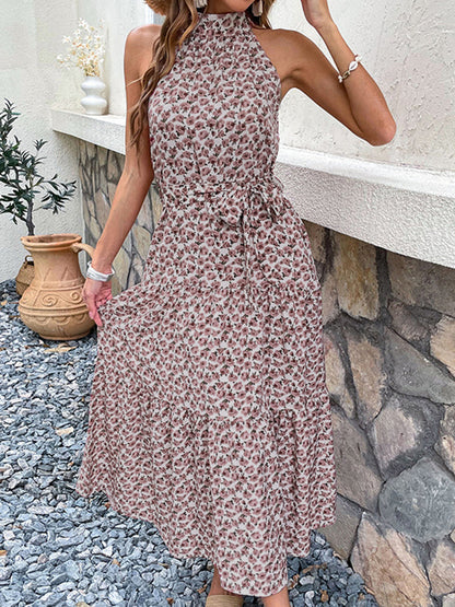 Maxi Dresses- Women's Floral Halter Neck Maxi Dress with Belt - Be Unforgettable!- - Pekosa Women Clothing