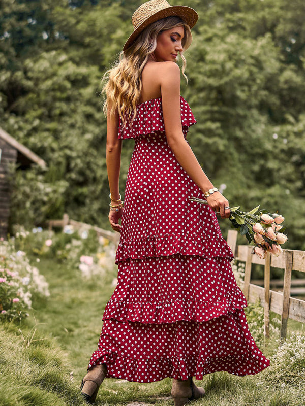 Maxi Dresses- Women's Polka Dot Strapless Tiered Maxi Dress With Slit Leg- - Pekosa Women Clothing