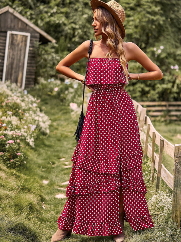 Maxi Dresses- Women's Polka Dot Strapless Tiered Maxi Dress With Slit Leg- - Pekosa Women Clothing