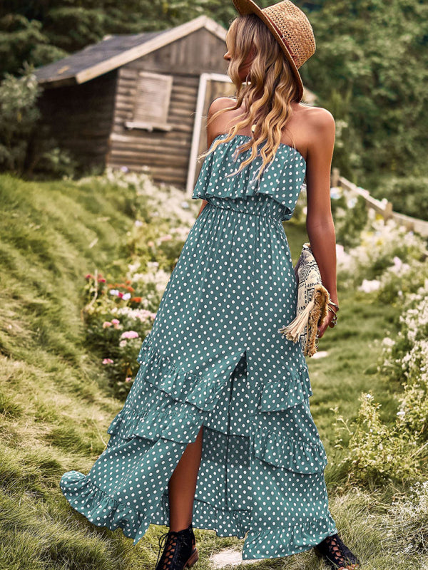 Maxi Dresses- Women's Polka Dot Strapless Tiered Maxi Dress With Slit Leg- - Pekosa Women Clothing