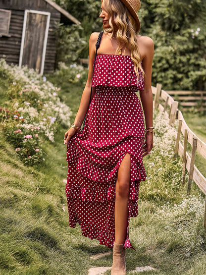 Maxi Dresses- Women's Polka Dot Strapless Tiered Maxi Dress With Slit Leg- Wine Red- Pekosa Women Clothing