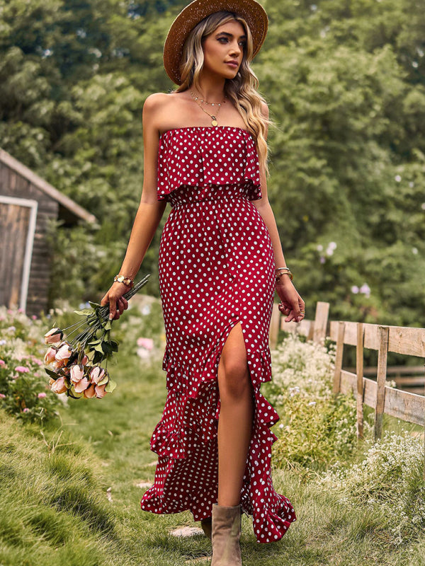 Maxi Dresses- Women's Polka Dot Strapless Tiered Maxi Dress With Slit Leg- - Pekosa Women Clothing