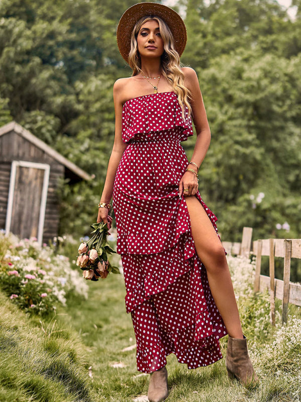 Maxi Dresses- Women's Polka Dot Strapless Tiered Maxi Dress With Slit Leg- - Pekosa Women Clothing