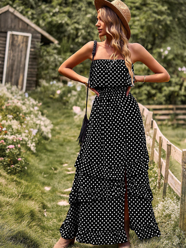 Maxi Dresses- Women's Polka Dot Strapless Tiered Maxi Dress With Slit Leg- - Pekosa Women Clothing