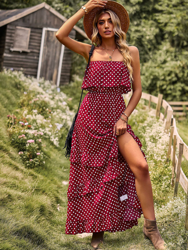 Maxi Dresses- Women's Polka Dot Strapless Tiered Maxi Dress With Slit Leg- - Pekosa Women Clothing