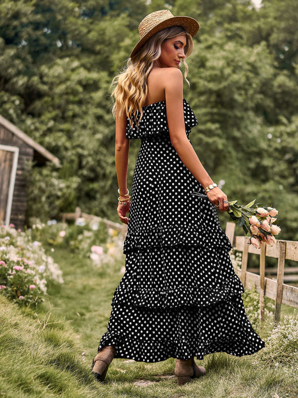 Maxi Dresses- Women's Polka Dot Strapless Tiered Maxi Dress With Slit Leg- - Pekosa Women Clothing