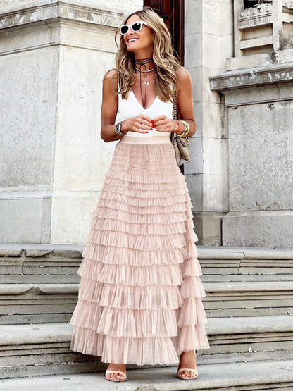 Maxi Skirt- Tiered Overlay Mesh Layered Maxi Skirt- Pink- Pekosa Women Clothing