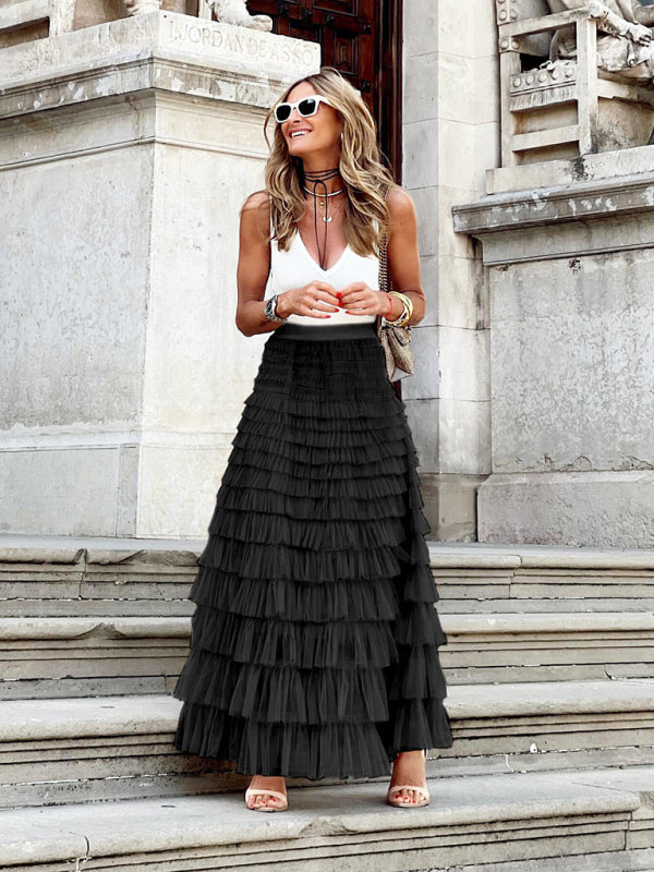 Maxi Skirt- Tiered Overlay Mesh Layered Maxi Skirt- Black- Pekosa Women Clothing