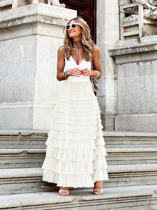 Maxi Skirt- Tiered Overlay Mesh Layered Maxi Skirt- White- Pekosa Women Clothing