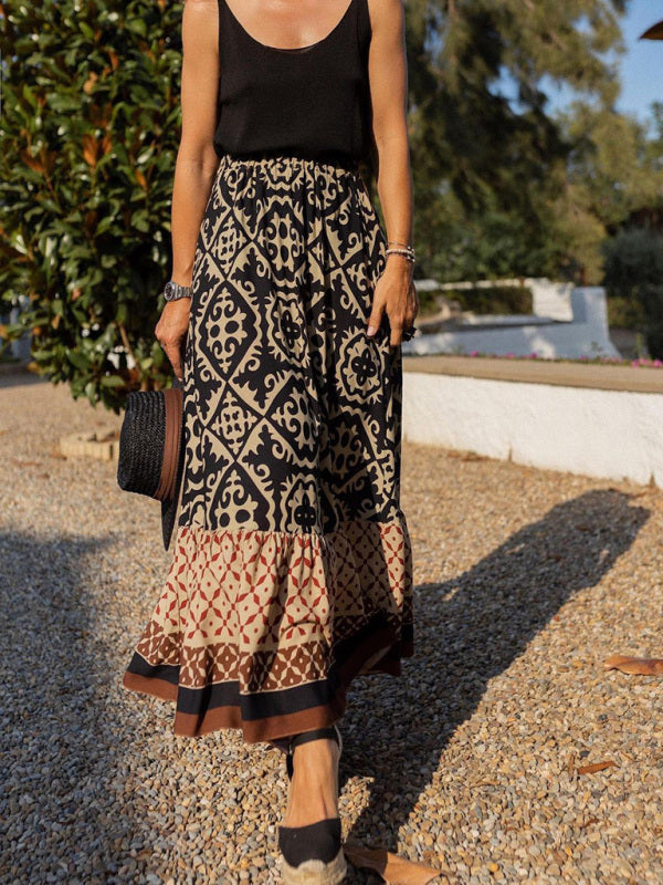 Maxi Skirts- Boho Paisley Print Tiered Ruffle Maxi Skirt with Elastic Waistband- Black- Pekosa Women Clothing