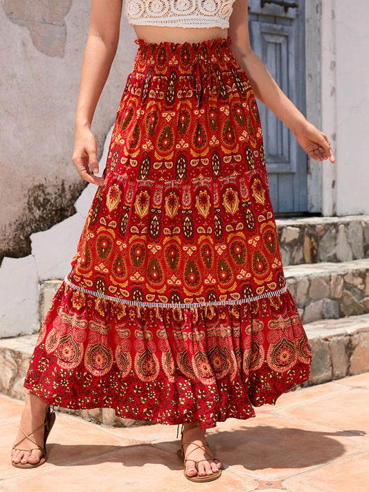 Maxi Skirts- Boho Smocked Waistband Maxi Skirt in Parsley Print- Red- Pekosa Women Clothing