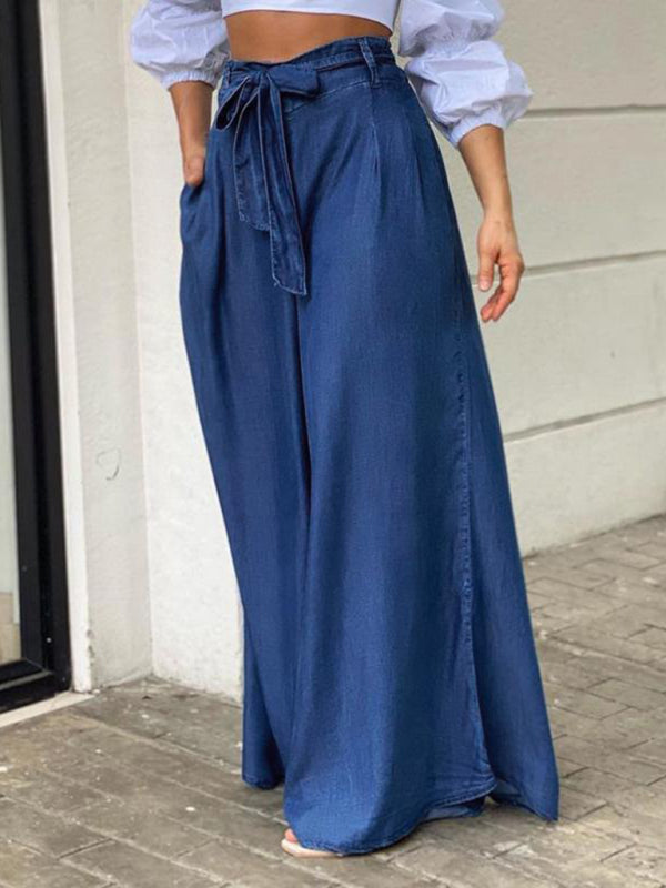 Maxi Skirts- Denim Maxi Dress with Belt and Handy Pockets- - Pekosa Women Clothing