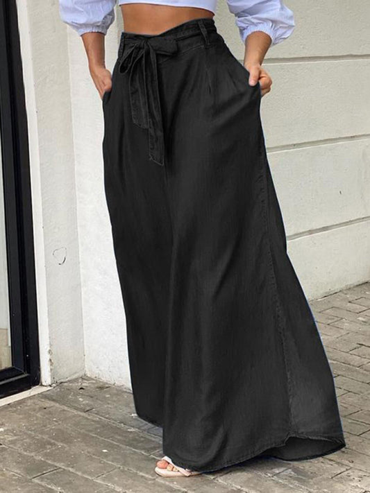 Maxi Skirts- Denim Maxi Dress with Belt and Handy Pockets- Black- Pekosa Women Clothing