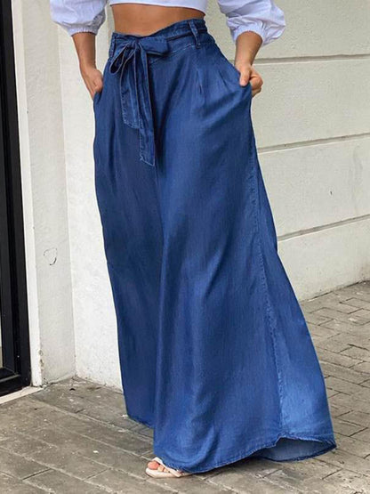 Maxi Skirts- Denim Maxi Dress with Belt and Handy Pockets- Purplish blue navy- Pekosa Women Clothing