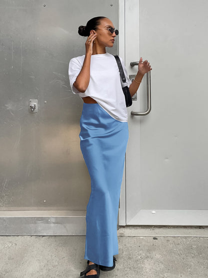 Maxi Skirts- Satin Bias High Waist Maxi Skirt- Blue- Pekosa Women Clothing